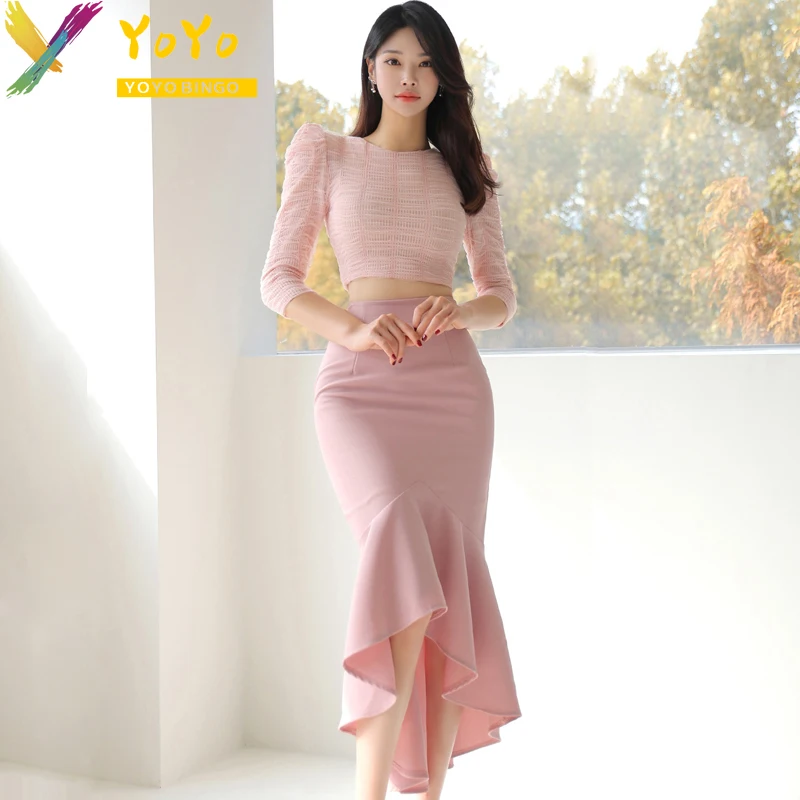 2024 New Formal Set Pink Lace Long Sleeve Short Top High Waist Fishtail Skirt Women Office Slim Bodycon Party 2 Pieces Set