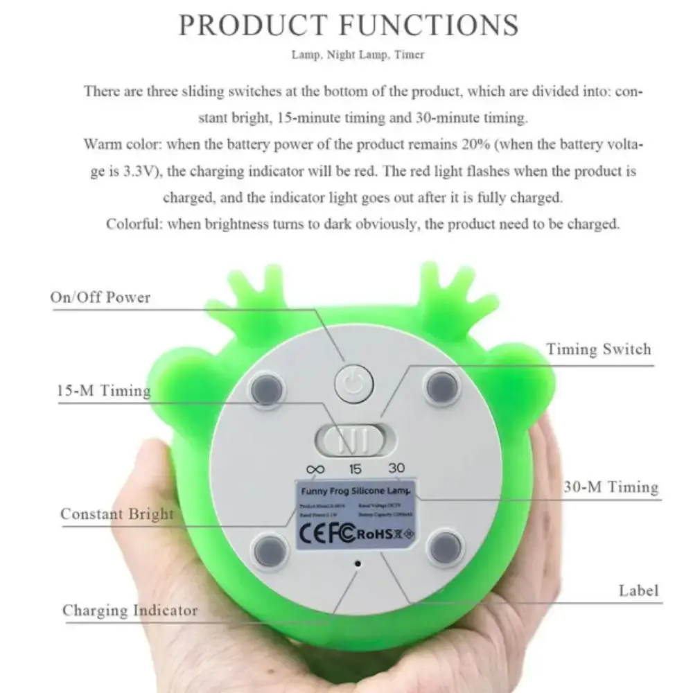 مصباح ليلي من السيليكون الناعم قابل لإعادة الشحن وقابل للتعتيم على شكل ضفدع ليلي وظيفة مؤقت ضوء ملون على شكل حيوان ضوء ليلي للنوم #1