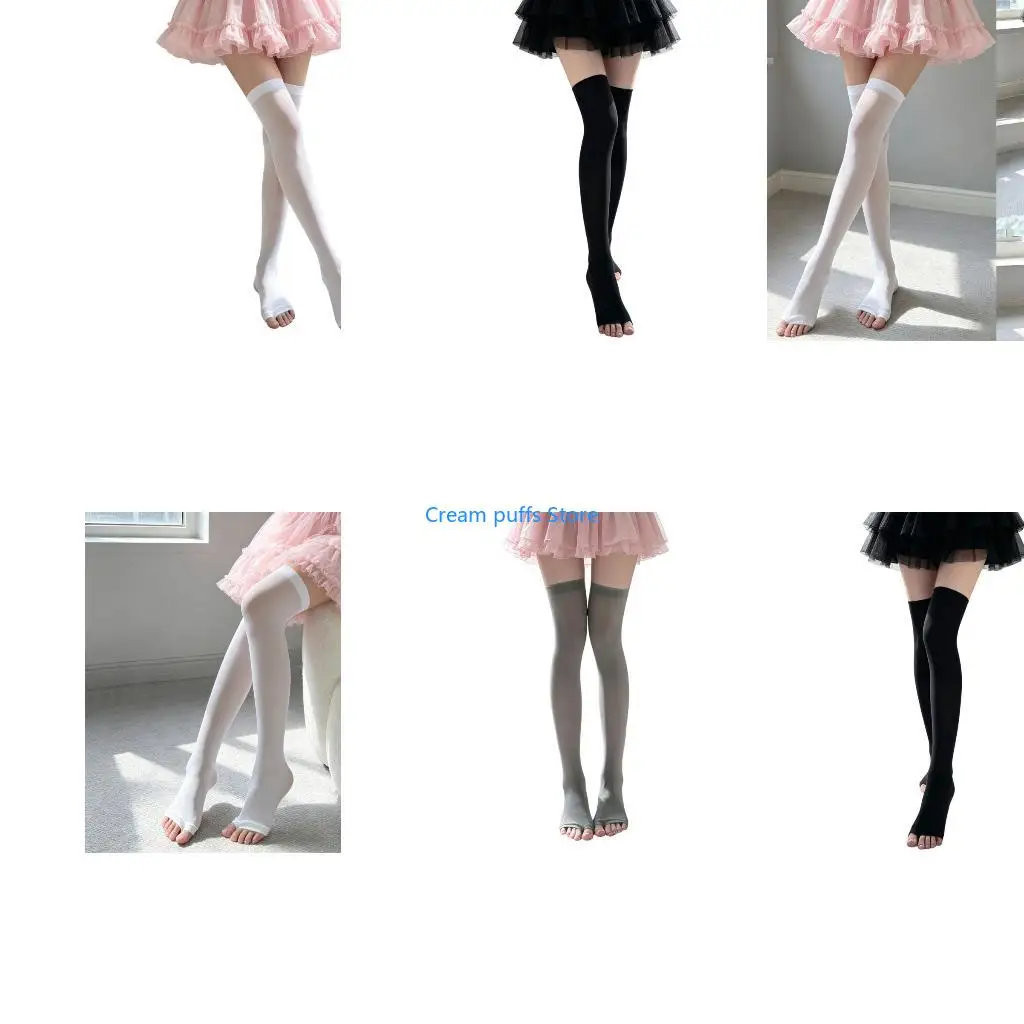 50LE Women Breathable Over Knee Socks With Open Toe Design Nylon Fabric Thigh High Stockings For Daily Wear And Office Outfit
