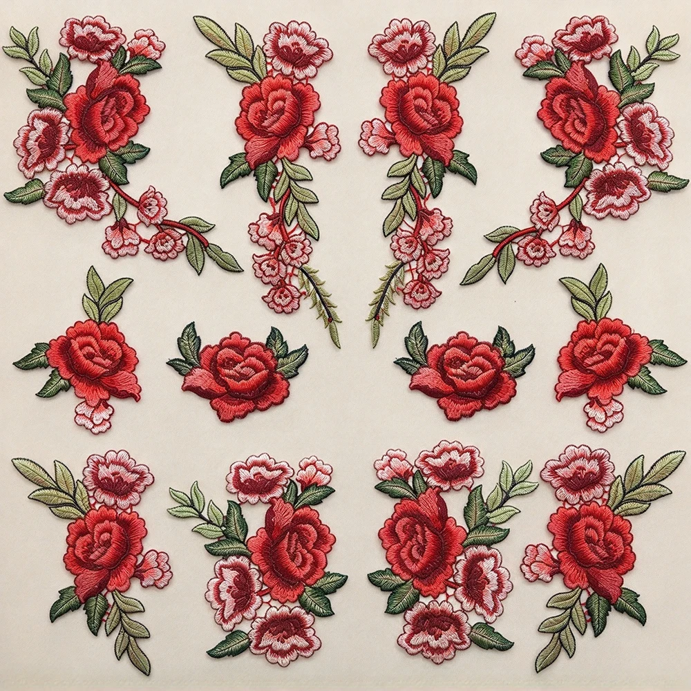 12Pcs/Set Red Rose Flower Embroidery Patches Floral Sew On Patches for Cloting Home Decoration DIY Craft