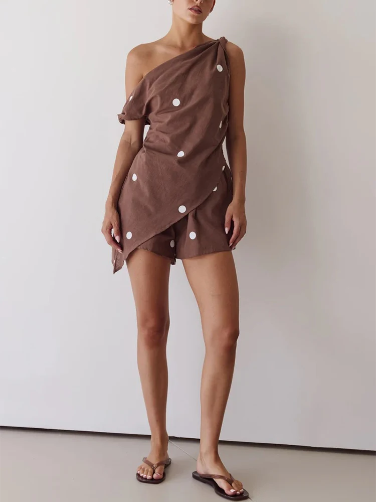 

Summer Stripe Printed Women's Vacation Set Elegant Sleeveless Hollow Out Set Fashion Irregular Slash Collar Tops With Shorts Set