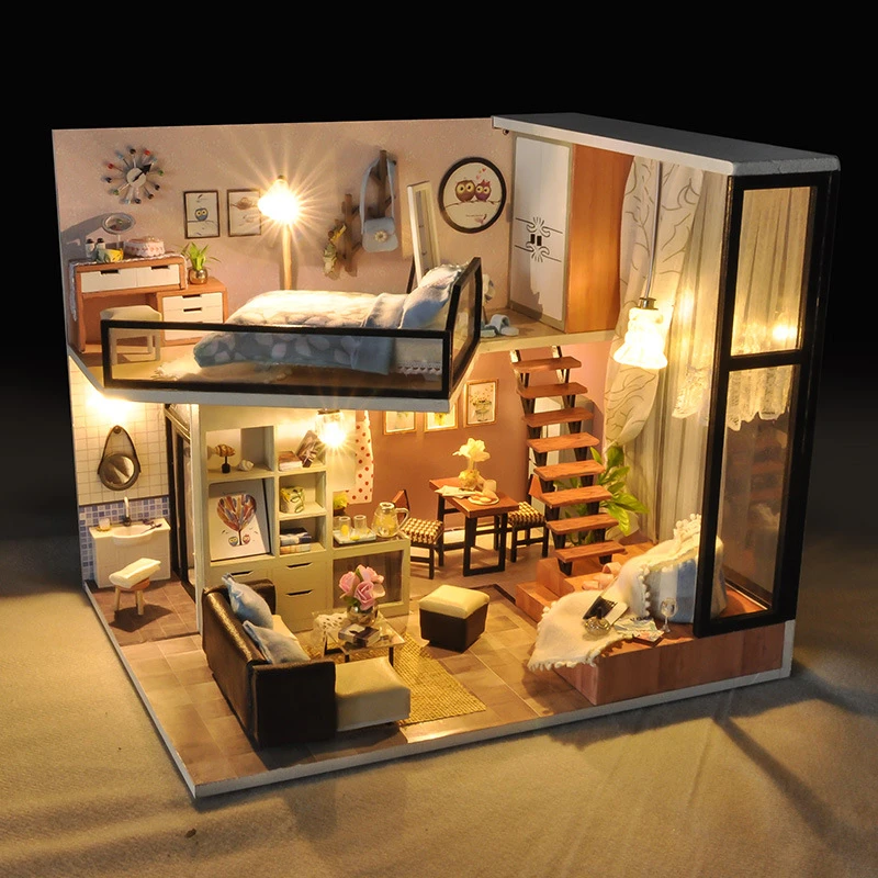 DIY Wooden Doll House Modern Loft Casa Miniature Building Kits Dollhouse With Furniture Lights Villa for Girls Birthday Gifts