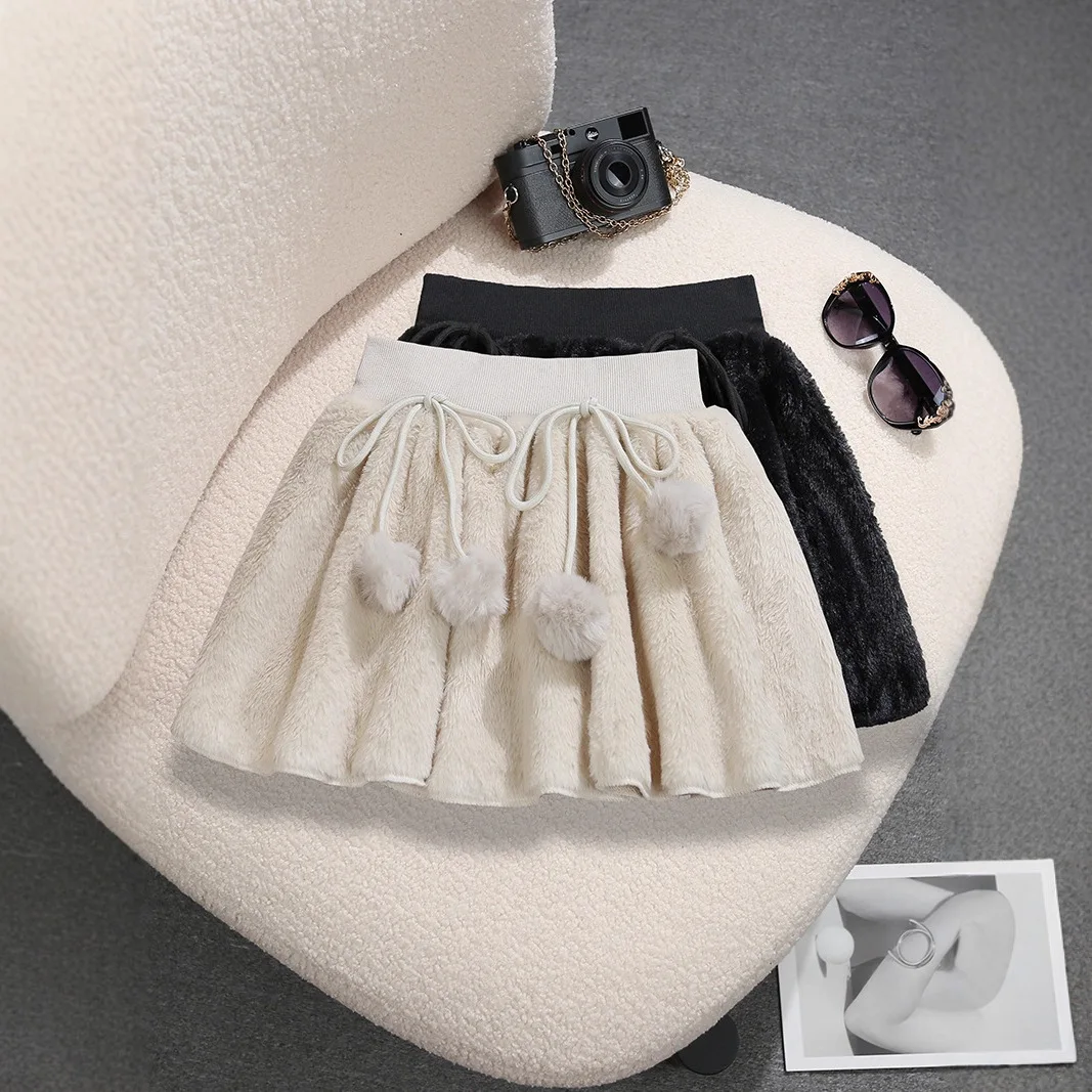 Sweet Bow Lace-up Fur Ball Suede Skirt Elastic Waist Plush Skirt for Women