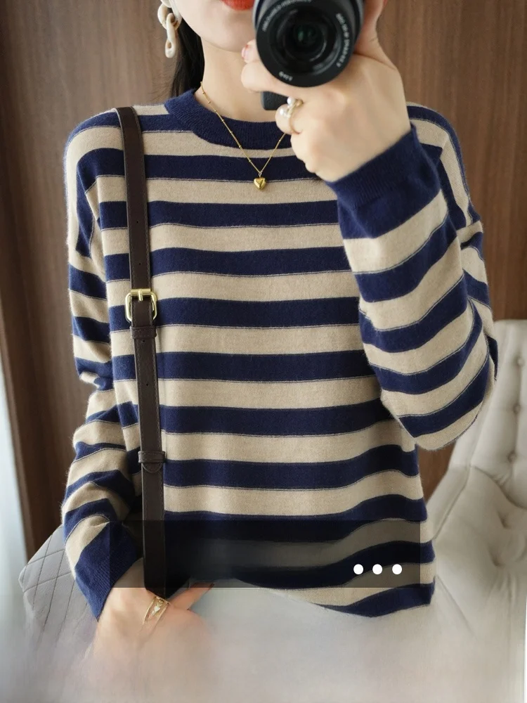 

Осенне-зимний женский вязаный свитер из кашемира с длинными рукавами, в полоску, свободного кроя, из шерсти, модный, удобный, в корейском стиле