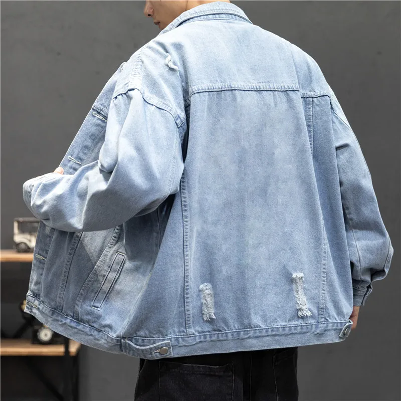 Light Blue Men Denim Jacket, Single Breasted Lapel Casual Coat, Washed Hole Decoration Top,Black,Gray Male Jackets,M-4XL,5XL