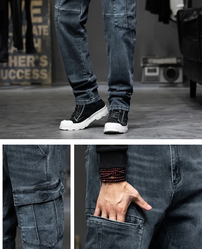 Spring Men's Blue-Black Jeans, Pocket/Patchwork Decorative Stretch Denim Pants, Asian Sizes Trousers 28-34 36 38 40 42 44.