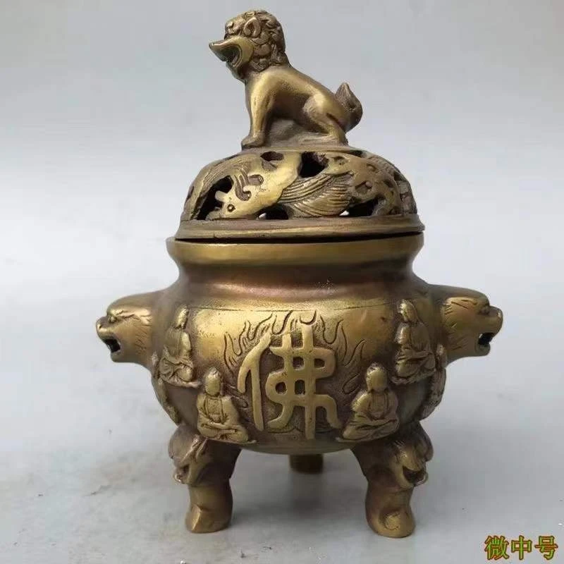 

Antique copper thickened incense burner with Buddha characters lid, nostalgic for living room, home, and rural collection