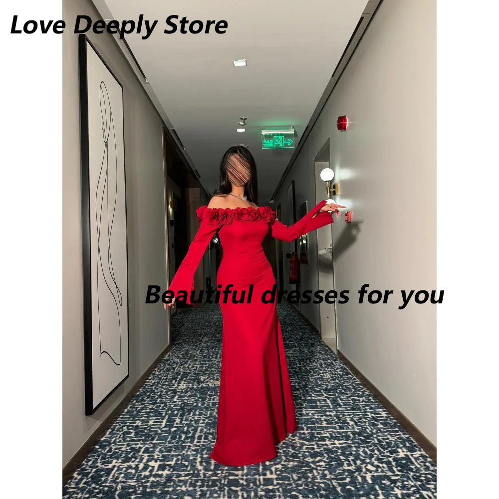 

Off Shoulder Red Prom Dress Customized Boat Neck Long Sleeves Mermaid Formal Party Gown Custom Size Evening Dresses