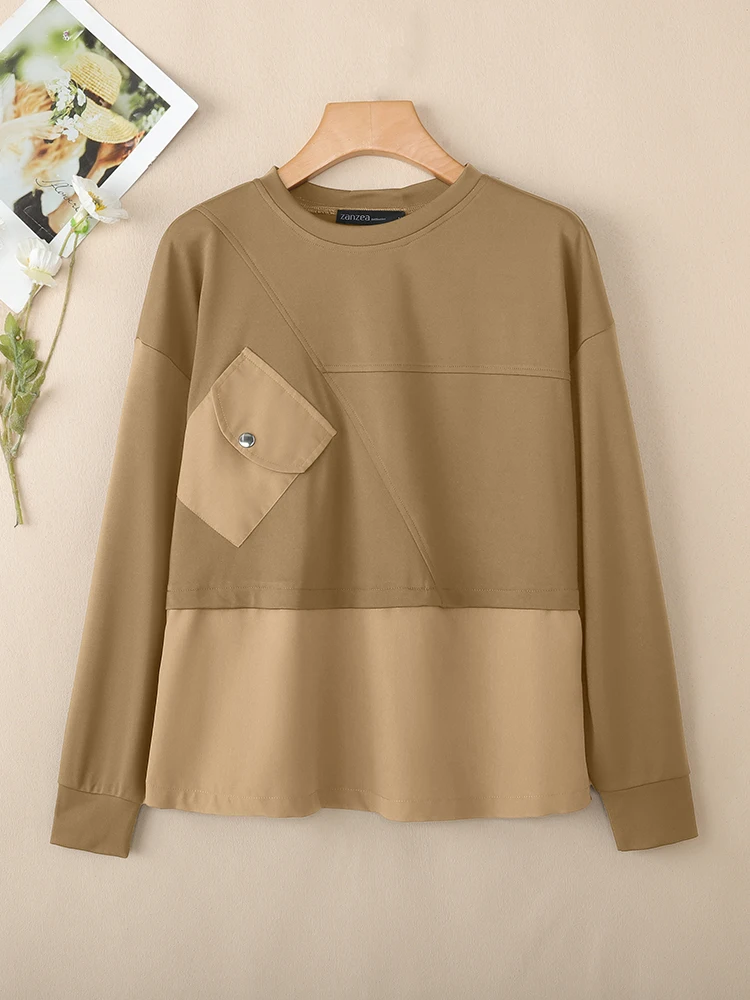 

Solid Long Sleeve Sweatshirts Autumn Women Hoodies ZANZEA 2025 Fashion O-Neck Casual Loose Pullovers Patchwork Pockets Outwears