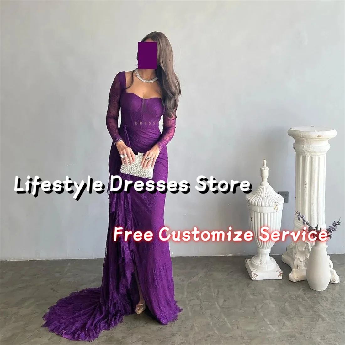 

Saudi Arabia Women Purple Prom Dresses Long Sleeves Lace Ruffles Evening Dresses Side Slit Formal Party Gowns