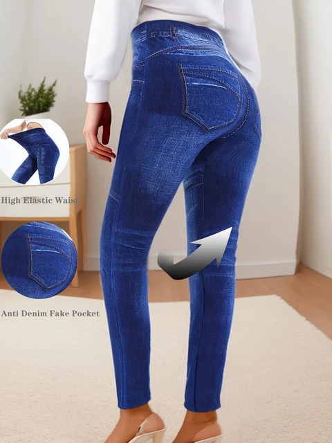 Casualowe i eleganckie sportowe legginsy z imitacji dżinsu z oczkami, drukowane i barwione legginsy, przycięte spodnie do biegania i fitnessu