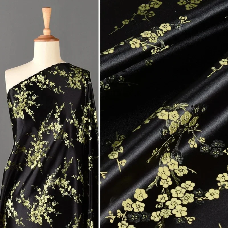 Black Gold Plum Blossom Brocade Jacquard Fabric China Chic Ancient Costume Hanfu Cheongsam Coat Vest Chinese Silk