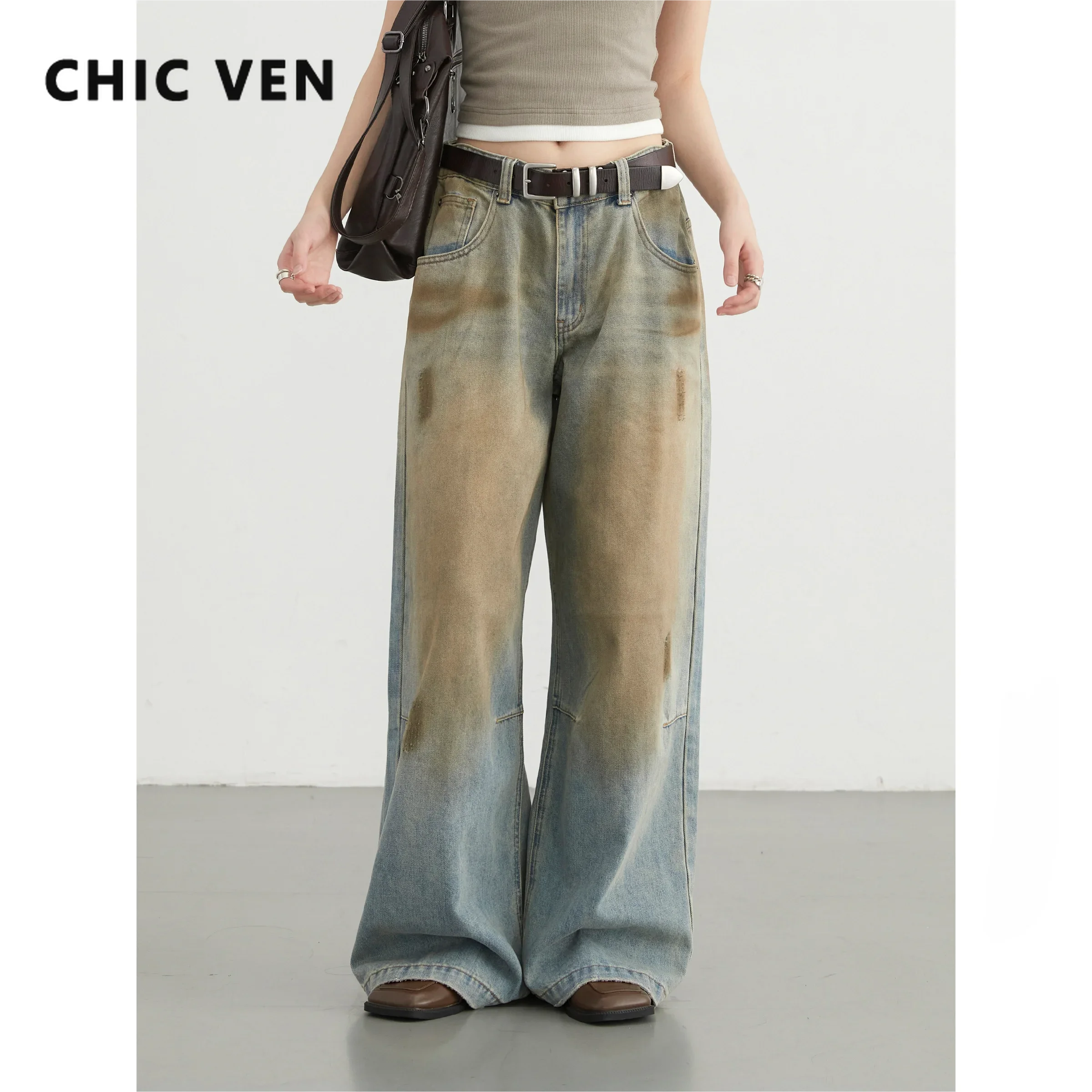 

CHIC VEN Women High Waisted Dirty Dyed Jeans Vintage Casual Wide Leg Denim Pants Female Trousers Autumn 2024