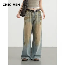 CHIC VEN Women High Waisted Dirty Dyed Jeans Vintage Casual Wide Leg Denim Pants Female Trousers Autumn 2024