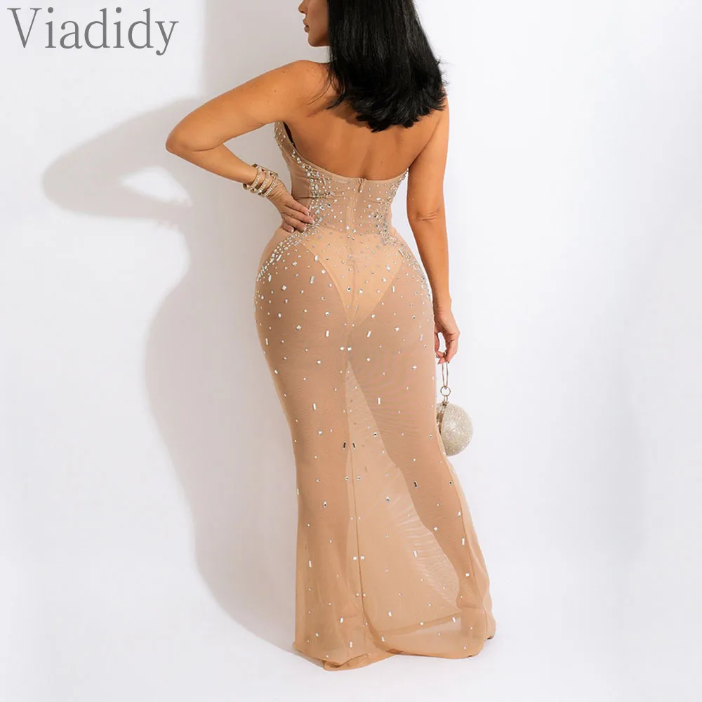 Frauen Sexy Einfarbig Halter Strass Dekor Aushöhlen Sheer Mesh Ärmelloses Backless bodenlangen Party Kleid