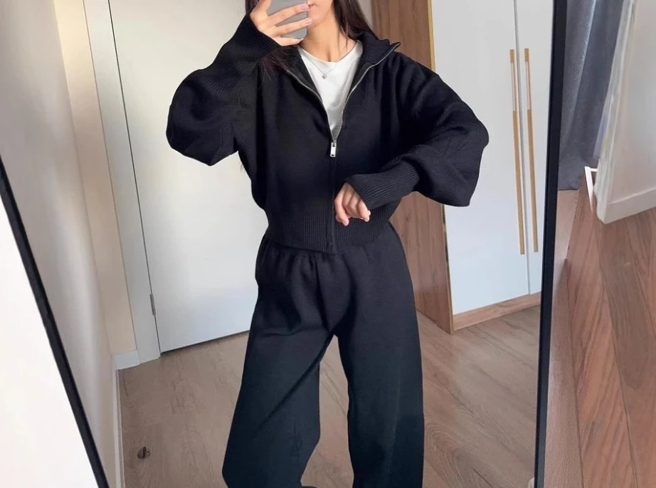 Athleisure Two Piece Set for Woman Knitted Casual Loose Zip Up Hoodies Long Sleeved Jacket Shirt High Waist Wide Leg Pants Set