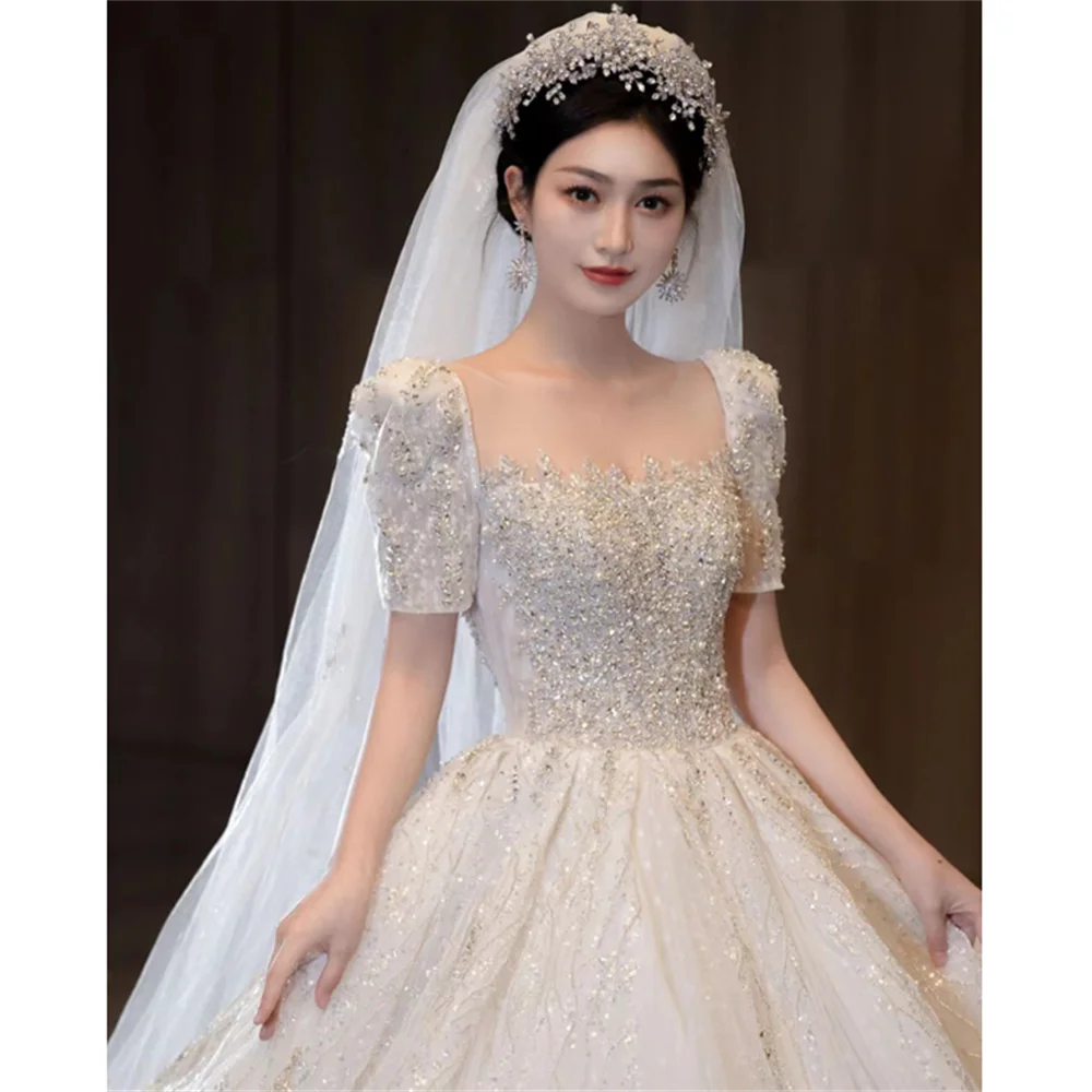 2024 New Square Collar Luxury  Women Wedding Dresses Bright Sequin Bridal Gowns A line Short Sleeves Customized A007