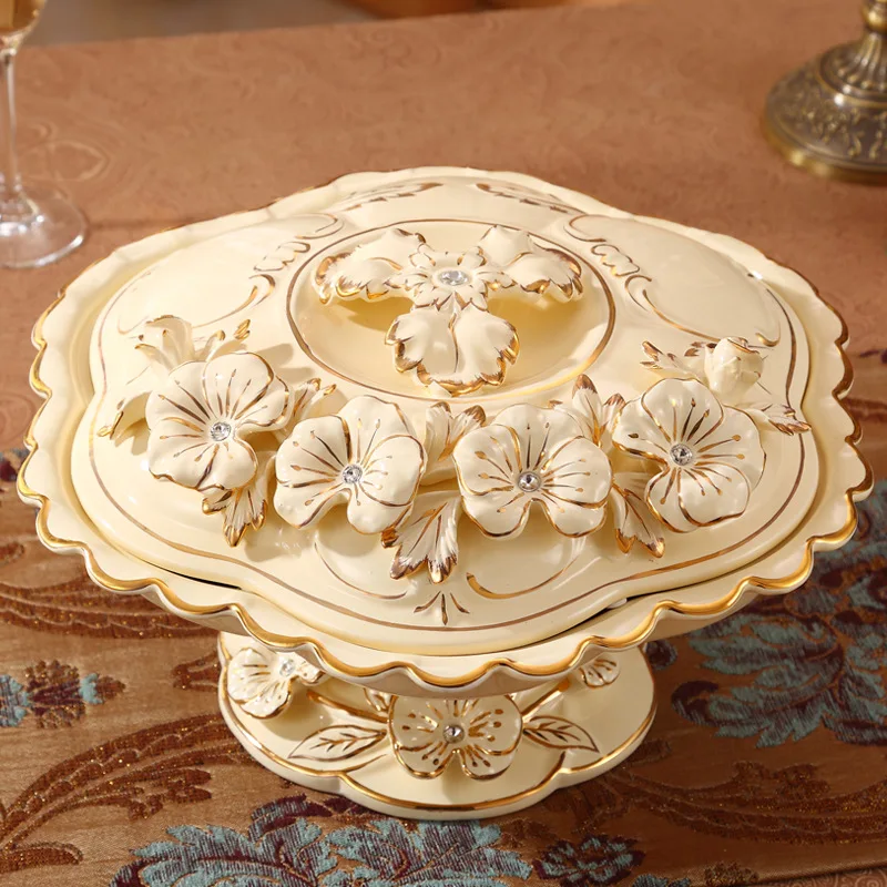 European ceramic high-footed dried fruit plate storage box with lid living room table household snack candy plate fruit plate
