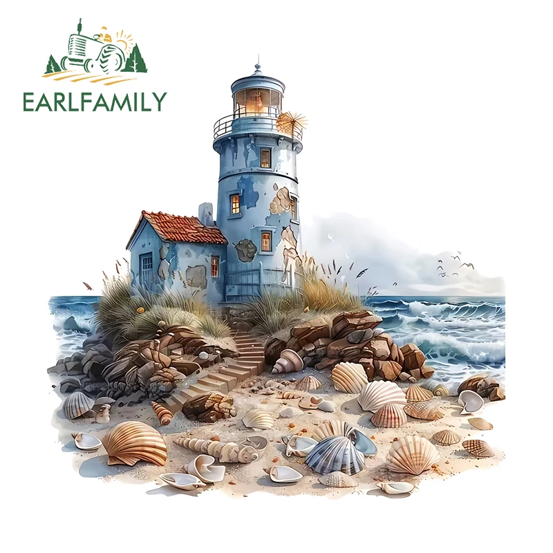 EARLFAMILY Coastal Lighthouse Car Stickers Seaside Shell Ocean Sunscreen PVC Decal Vinyl Material Graphic SUV Camper Trunk Decor