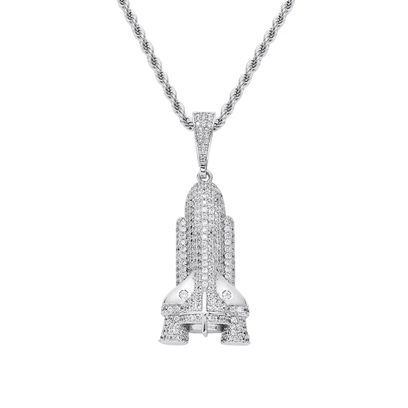 Hip Hop AAA CZ Zircon Stone Paved Bling Iced Out Rocket Spacecraft Pendants Necklace for Men Rapper Jewelry Gold Silver Color