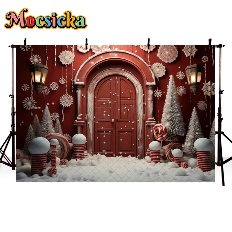 Mocsicka Red Christmas Room Background For Child Adult Family Portrait Photography Xmas Tree Snow Snowflake Wooden Door Decor
