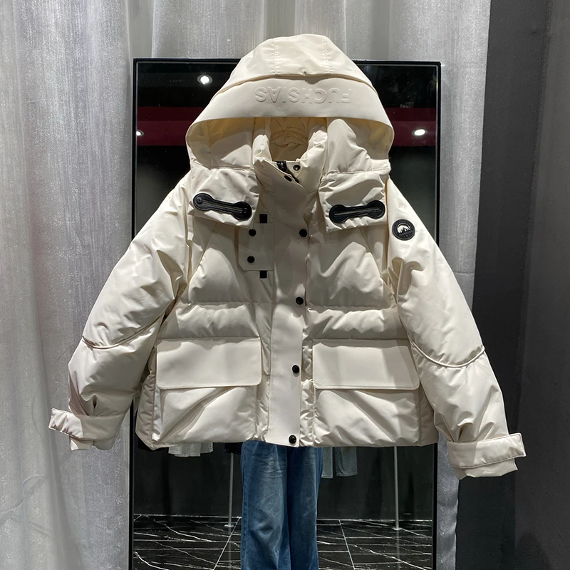 

Winter Hooded Parka Short Down Jacket Women White Duck Down Solid Jackets Outdoors Overcoat Female Zipper Thick Warm Outwears