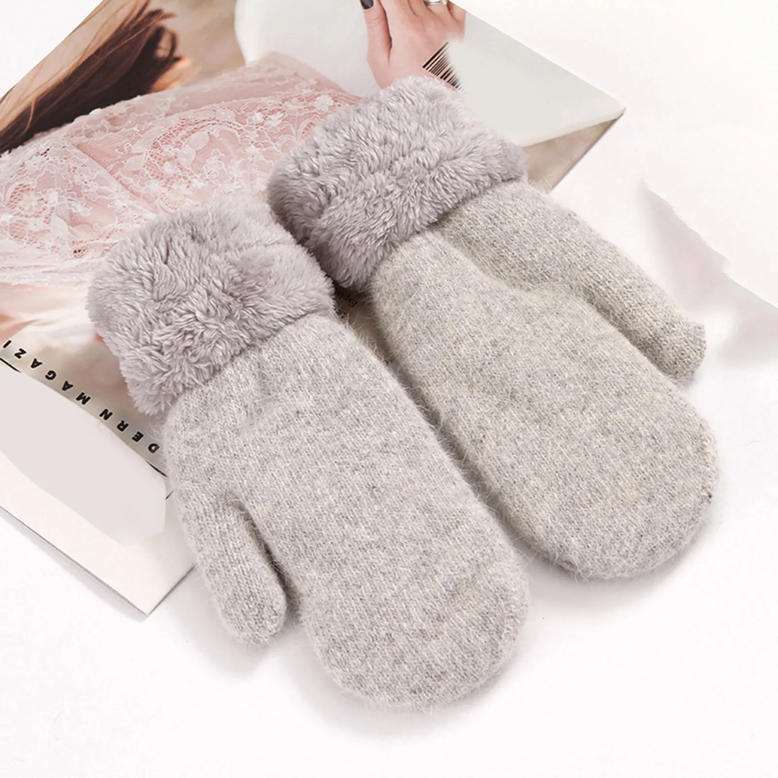 Double-layer Rabbit Hair Gloves Female Plush Korean Solid Color All Fingers Winter Women Girls Soft Thicken Warm Mittens