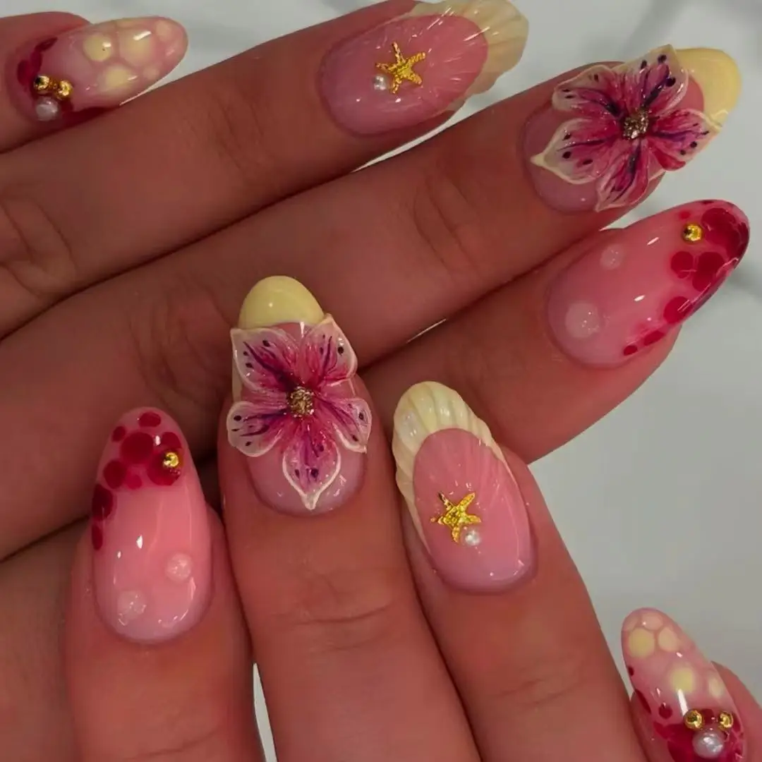 

24PCS Elegant Pink Gradient French False Nails 3D Flower Design with Pearl Decor Press on Nails Full Cover Almond Fake Nails Set