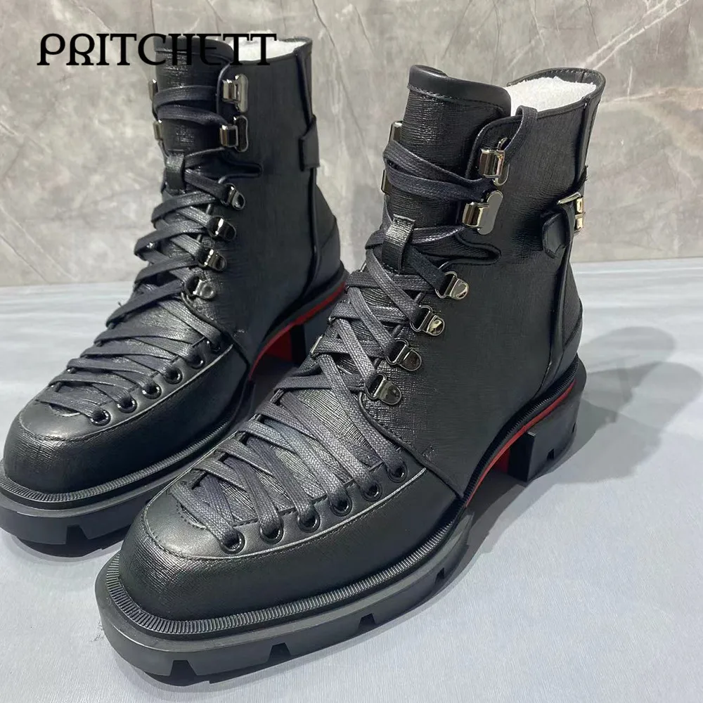 

Black Lace-Up Leather Casual Boots Round Toe Thick Heel Pull-On Style Personality Metal Handsome Ankle Boots Fashion Men's Boots