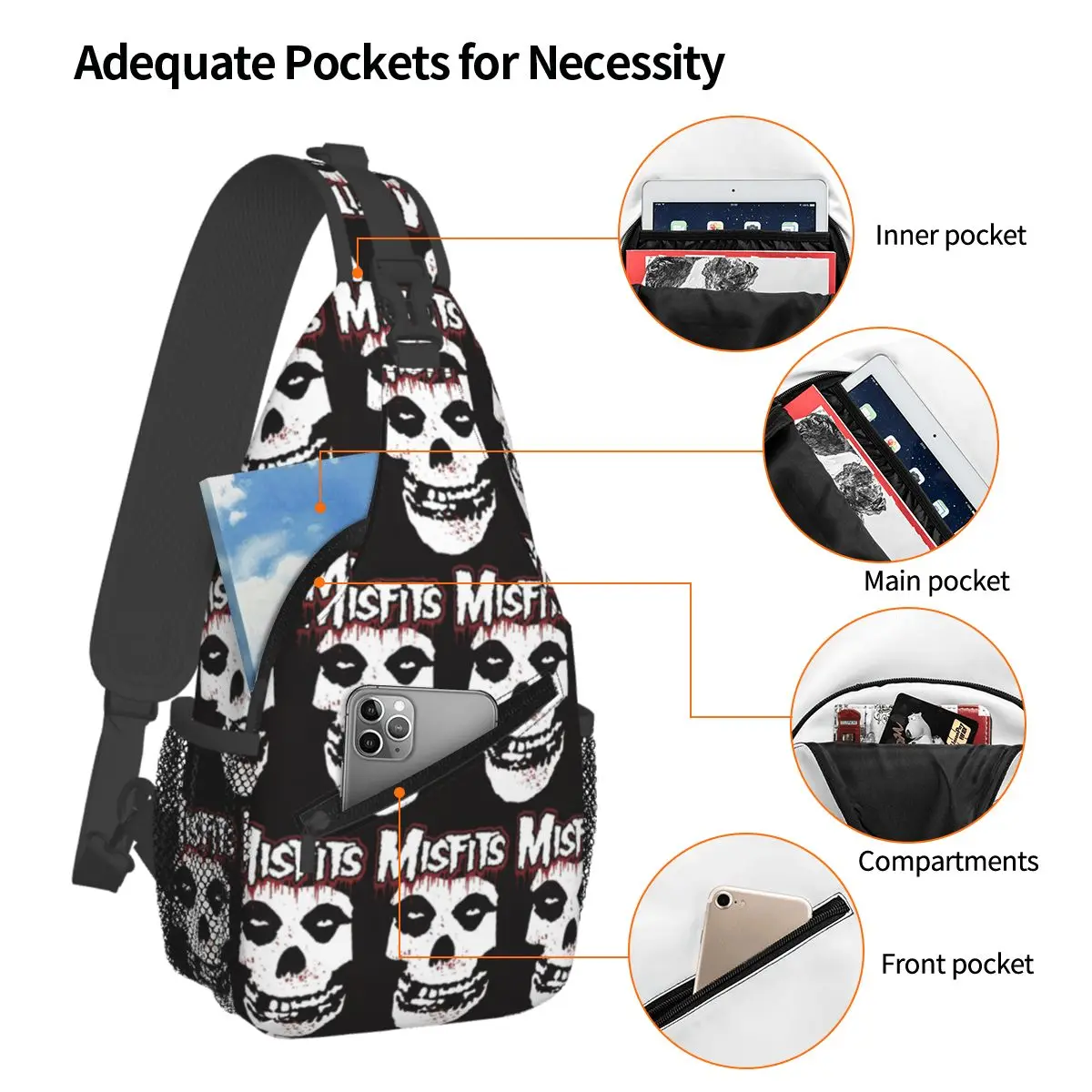 Misfits crânio saco de peito masculino estilingue crossbody mochila saco de peito viajar caminhadas daypack bolsa de ombro
