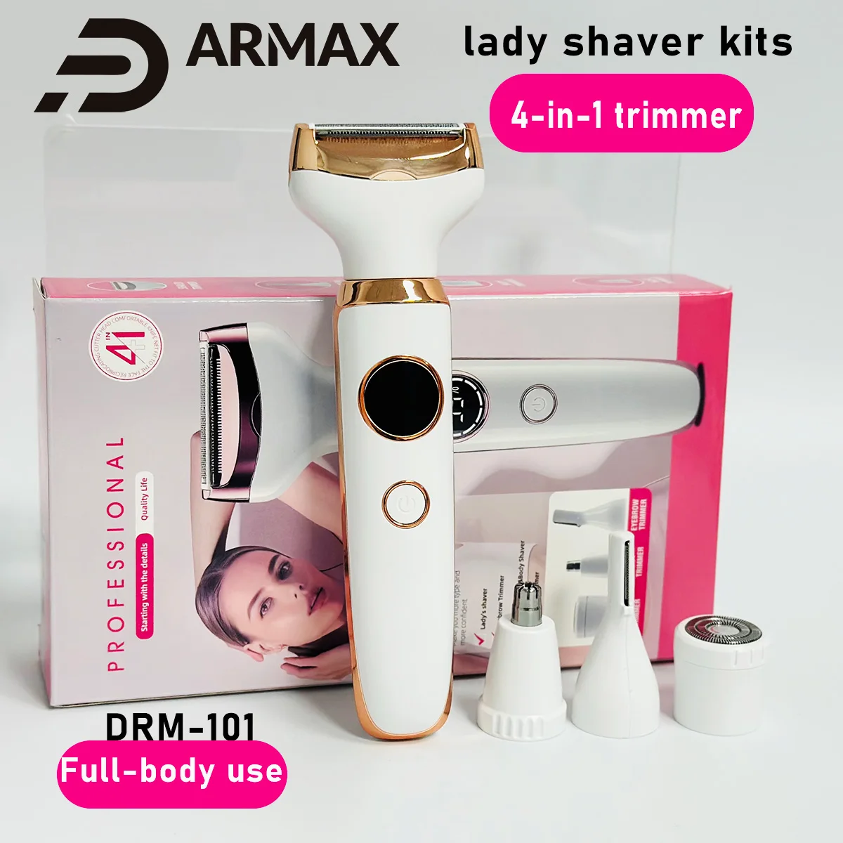 Depiladora Eléctrica DARMAX para Mujer, Kit 4 en 1, Uso en Seco y Húmedo, Resistente al Agua IPX7, USB, Depilación Corporal y Axilas