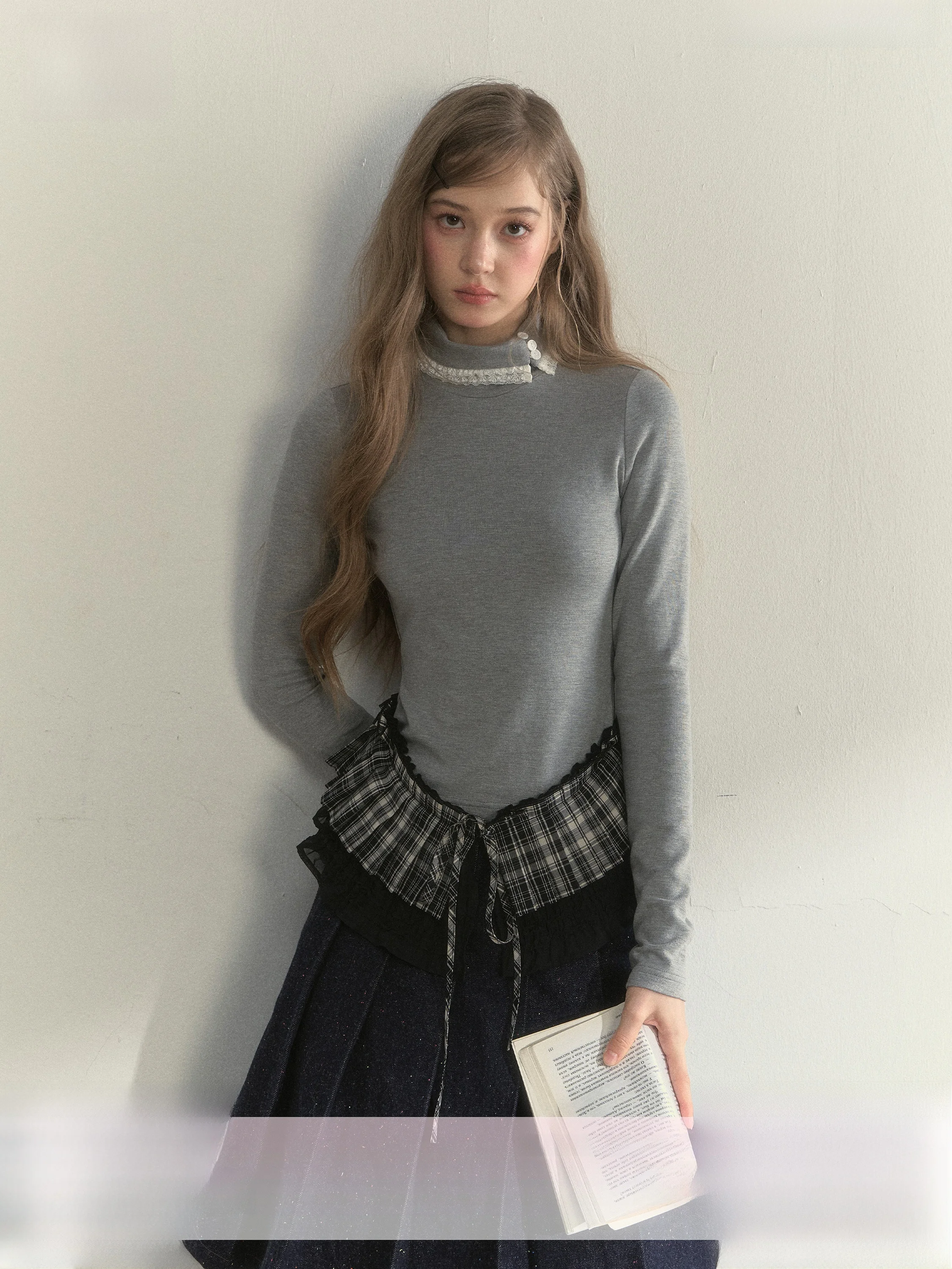 SunsetPark Sunset Park Small High Collar Pleated Skirt Layering Comfortable Long Sleeve Top Vintage Style Women's T-shirt