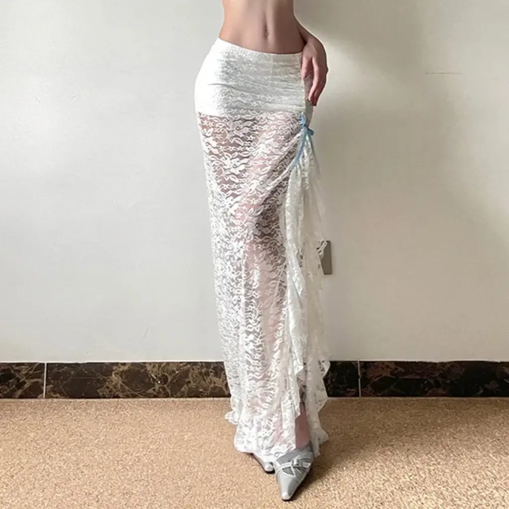 

Women's Pure Lace Skirt Sexy Perspective Slit Design Bow Stitching Ruffled Irregular Hip Dress for Fashionable Ladies