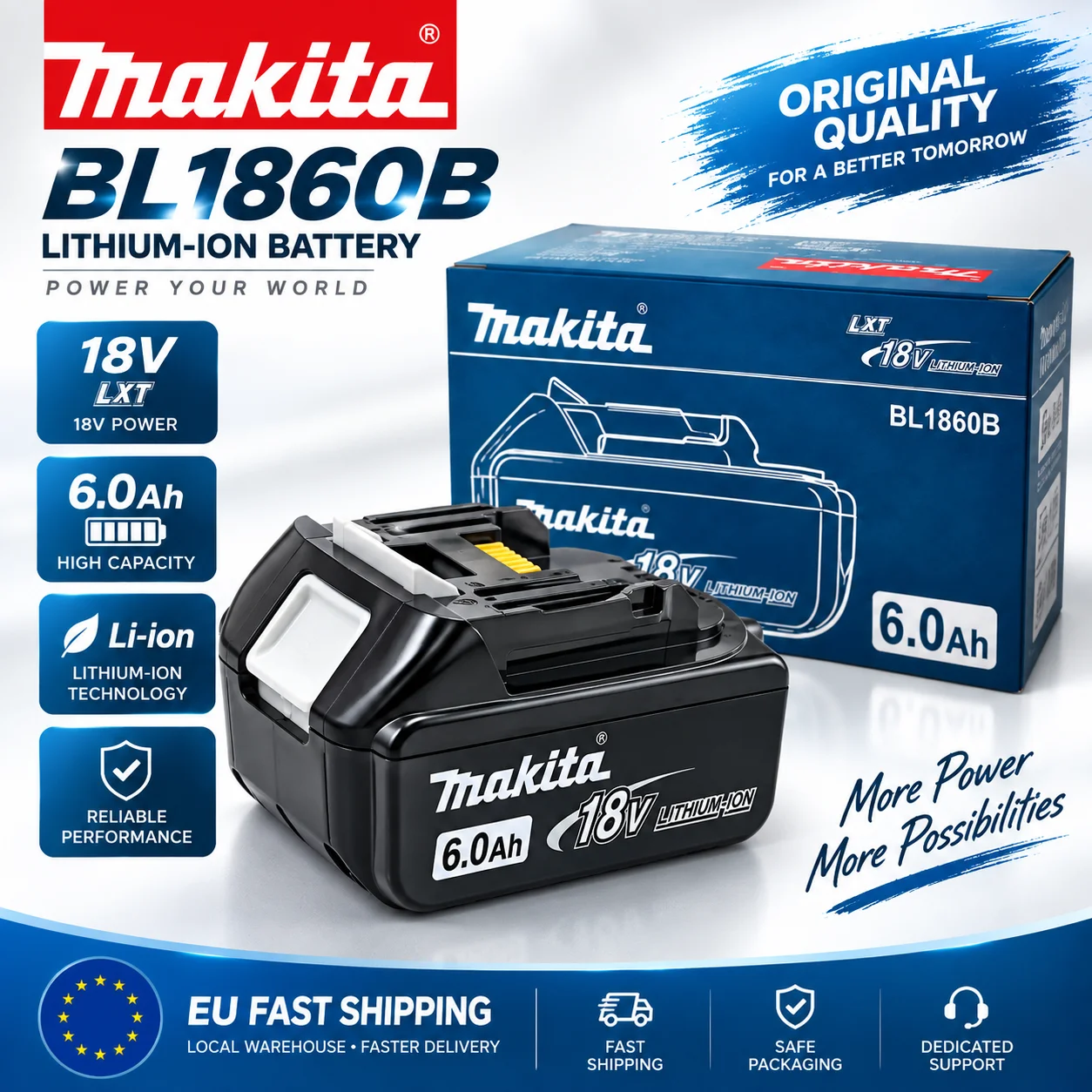 Batteria BL1860B per utensili Makita 18V LXT, batteria ricaricabile agli ioni di litio da 6,0 Ah, pacco batteria di ricambio compatibile con Makita BL1850 BL1840 BL1830, utensili elettrici a batteria,