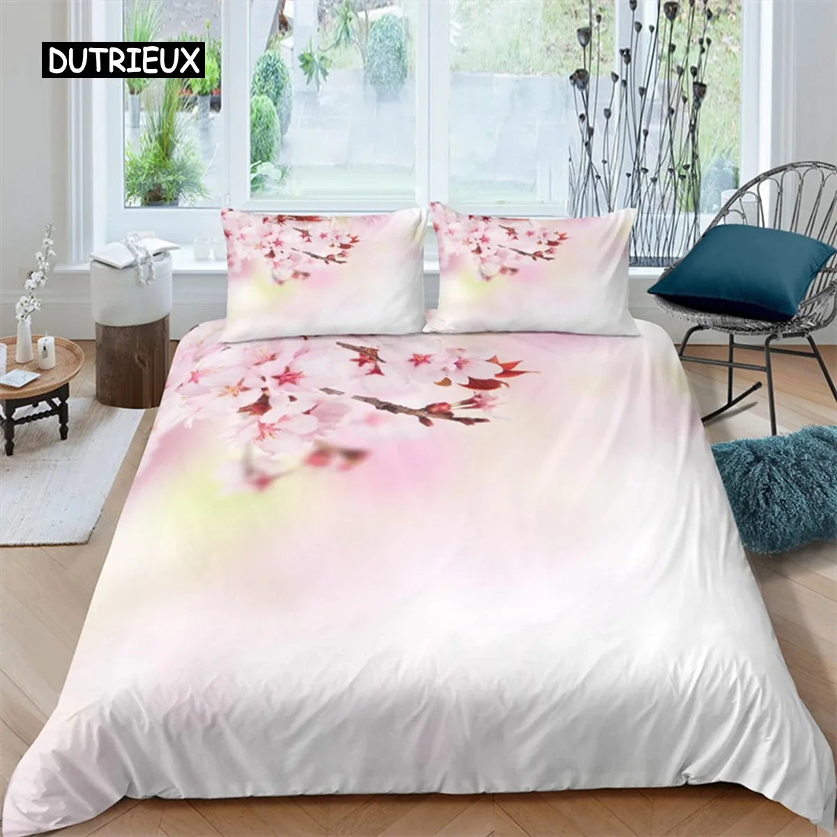 Plum Blossom Duvet Cover Set King Pink Flower Quilt Cover for Girls Microfiber Branches Printed Bedding Set