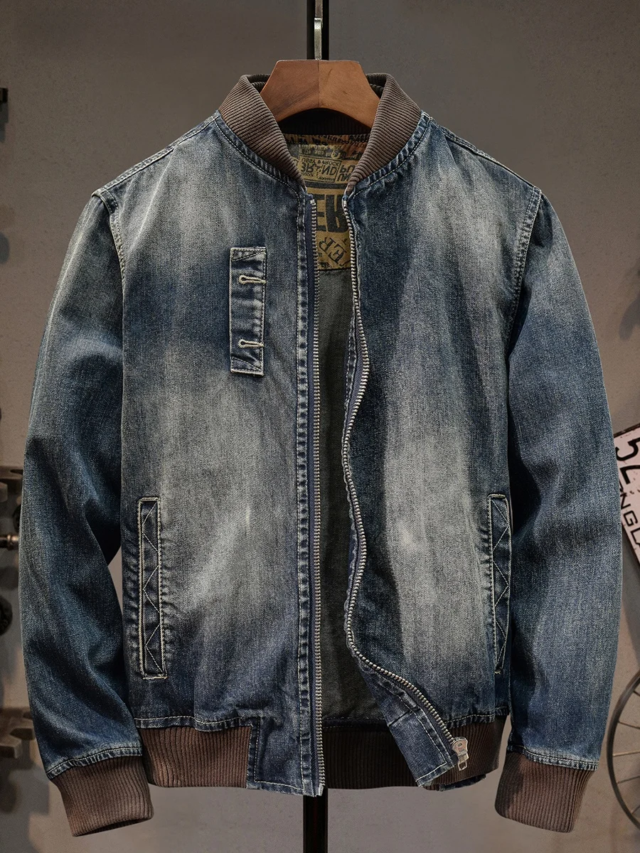 

Retro American Denim Jaet Men's Heavyweight ort Motorcycle Sle Stand Collar Workwear Outerwear Youth Casual Cotton Blend