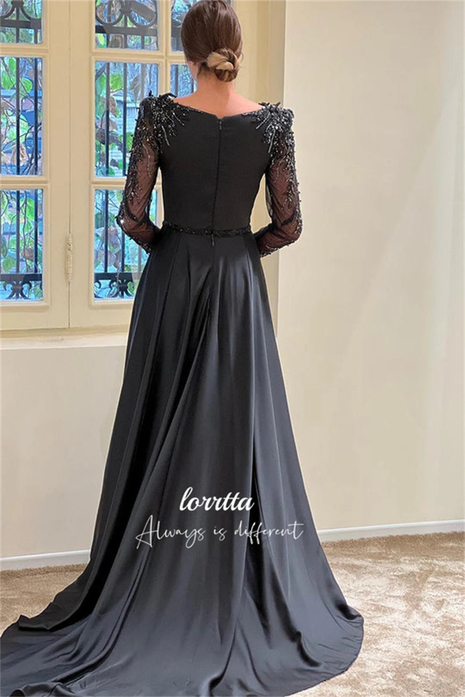 Luxuoso vestido de noite cetim preto elegante grânulo bordado decoração vestidos internacionais com mangas compridas formal personalizado