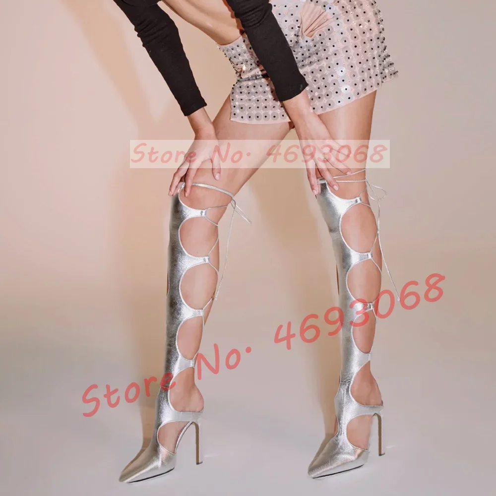 Silver Strappy Pointed Toe Sandals Women Trendy Sexy Cross Strap Cutout High Heels Shoes Ladies Puttee Metallic Leather Sandals