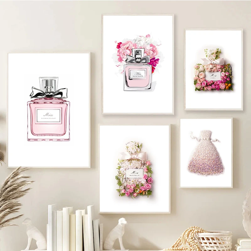 Fashion Blush Pink Perfume Flower Bottle Posters and Prints Luxury Decor Miss Blooming Bouquet Modern Pictures Canvas Painting