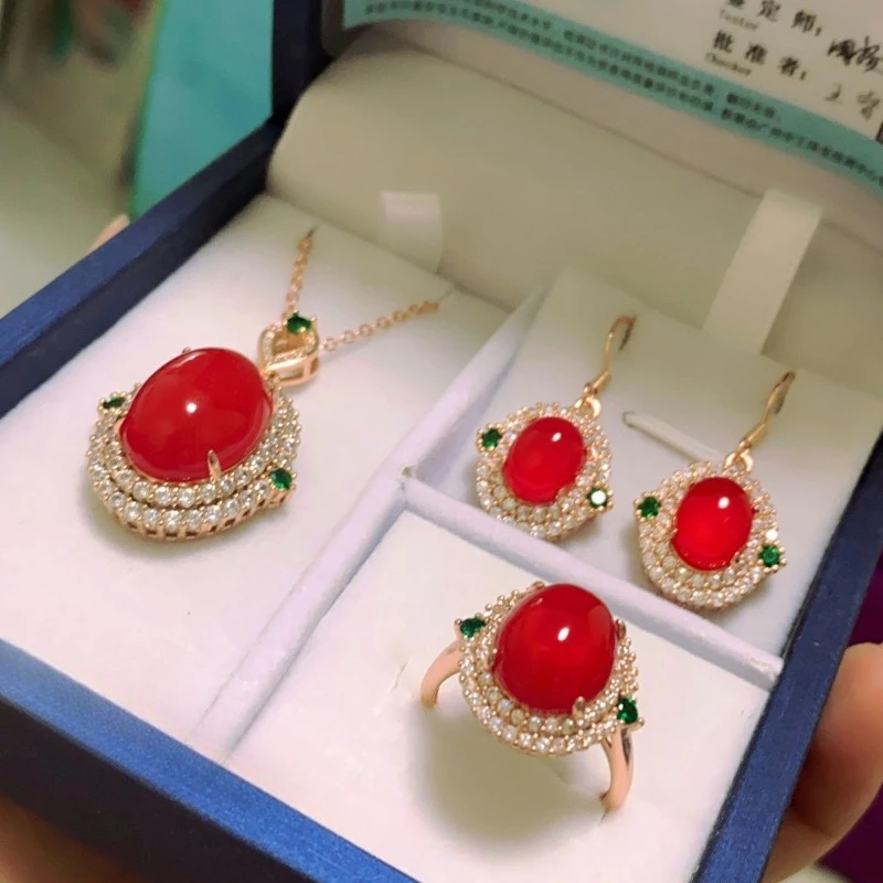 

Inlaid classic chalcedony set three-piece pendant necklace earring ring