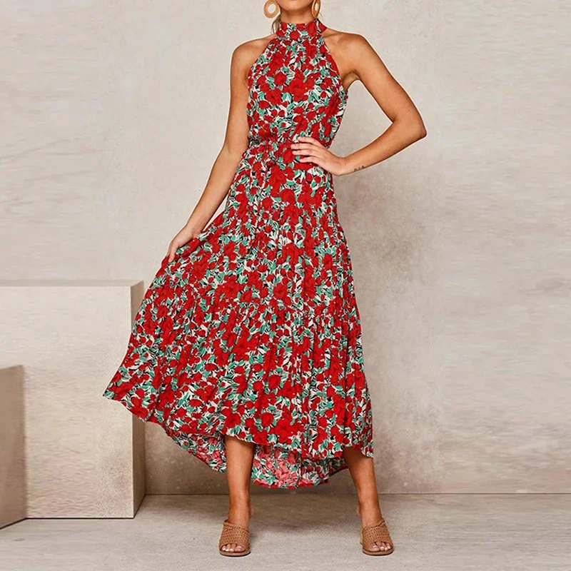 Vestido Boho sem mangas Halter feminino, vestido maxi de cintura alta, estampa floral, vestidos A, férias de verão, moda praia, feminino, 2024