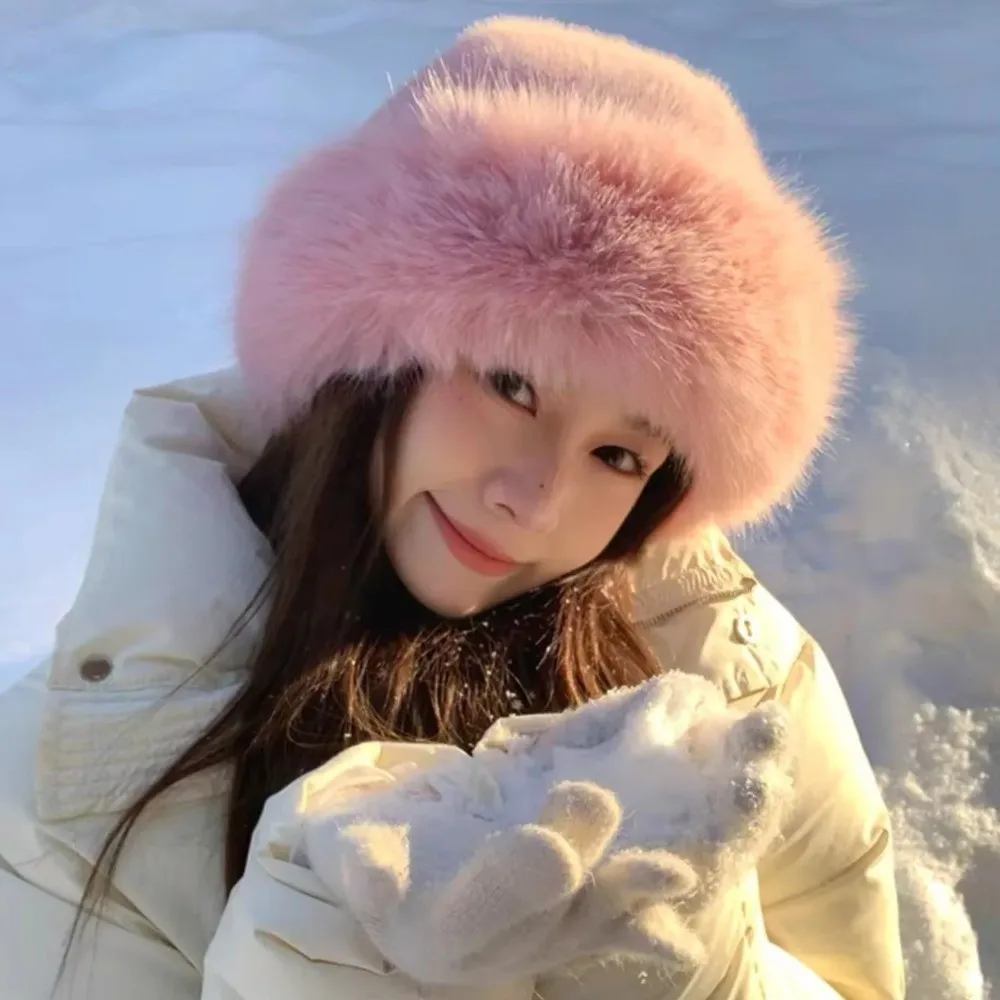 

New Fluffy Fur Winter Hat Solid Color Plush Fisherman Hat Cold Windproof Thicken Panama Cap Chrismas Gifts