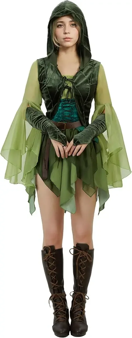 

Cosplaymiccostumes Women's Medieval Hooded Coat Elf Cosplay Costume Renaissance Short Coat with Sleeves for Halloween Party Dres