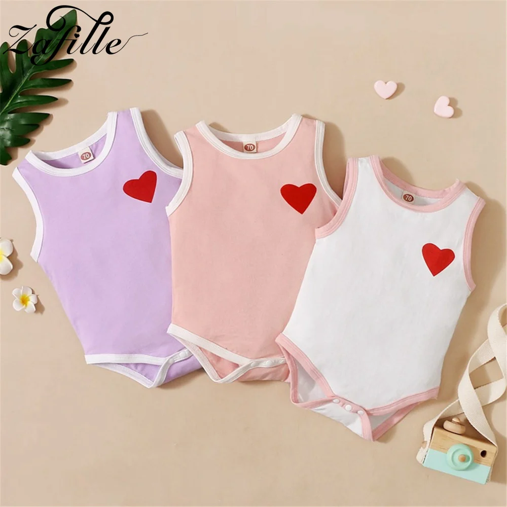 

ZAFILLE Sleeveless Infant Girls Playsuit Valentine's Day Heart Print Baby Costume Solid Toddler Girls Rompers Newborn Pajamas