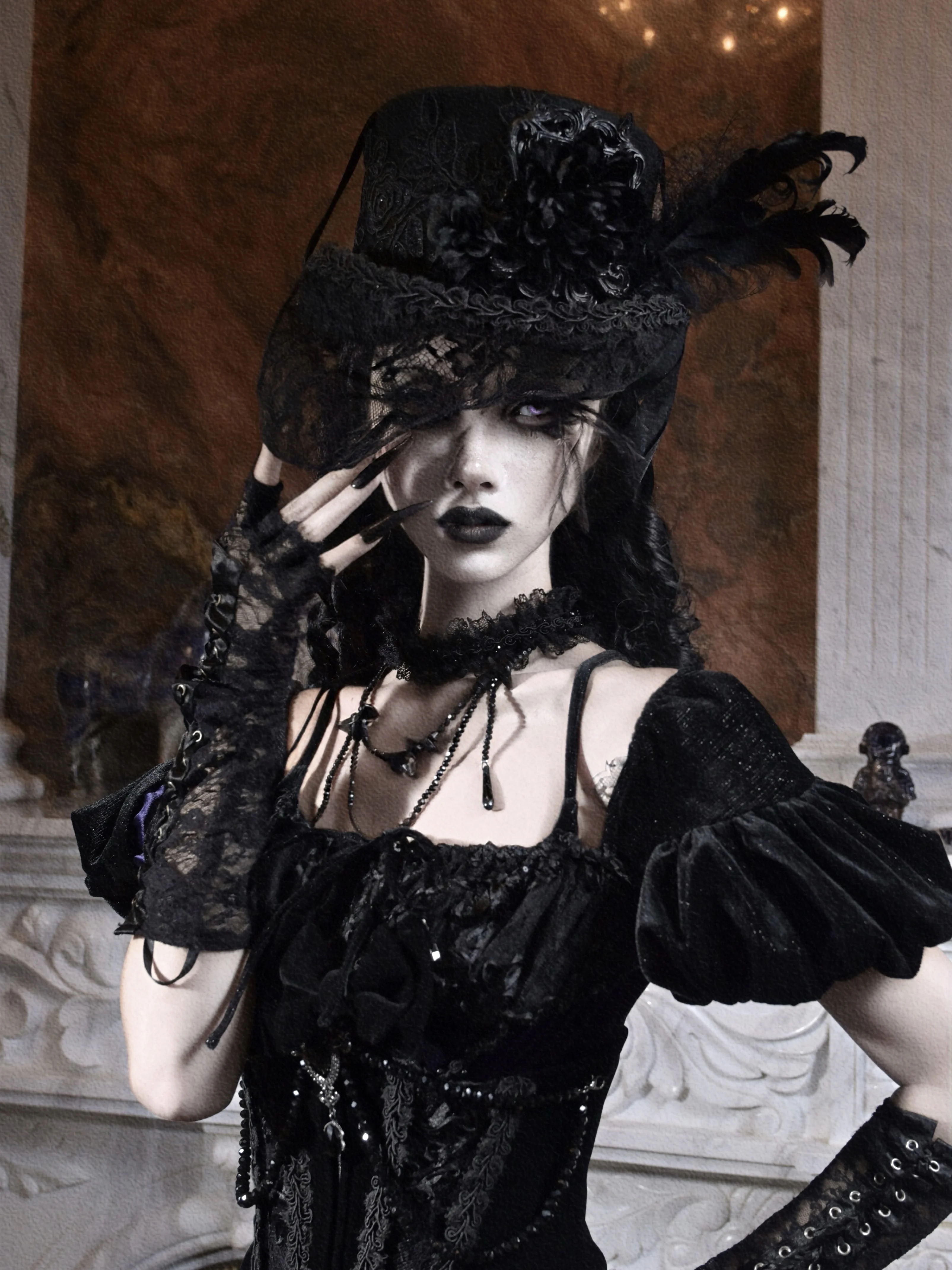 Blood Supply Original Vampire Black Lace Fedoras Halloween Lolita Heavy Gothic Florals Woolen Hat Holloween