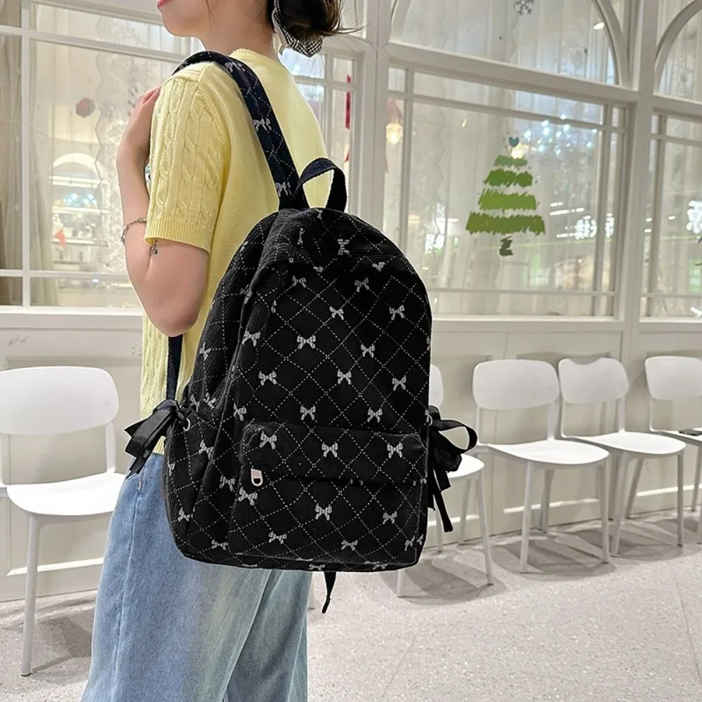 Fashion Korean Style Corduroy Backpack Bow Print Adjustable Strap Bow Backpack Large Capacity Double Shoulder Bag Middle School