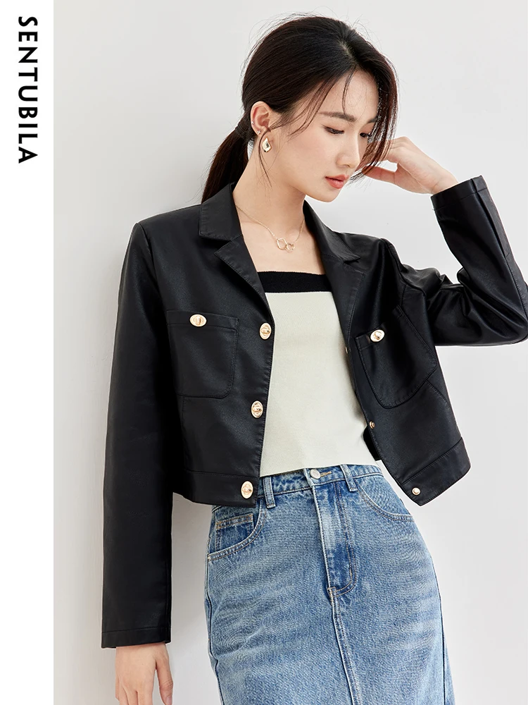 

SENTUBILA Black Leather Cropped Jacket Women 2025 Spring Classic Lapel Patch Pockets Pu Leather Outerwear Ladies W43G58028X