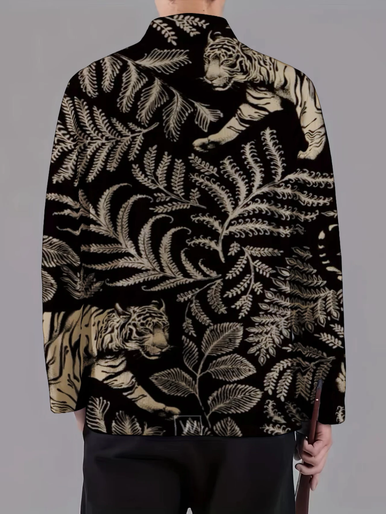 Men Mandarin Collar Frog Button Jacket Leaf Tiger Tropical Wildlife Art Print Traditional Outerwear