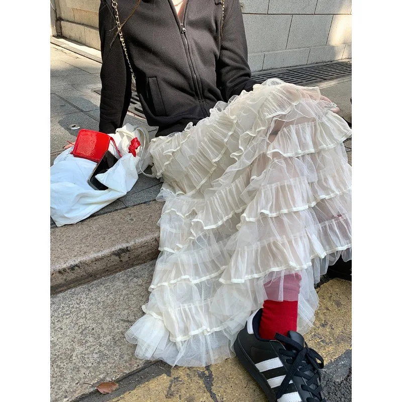 Korean Retro Pleated Casual Mesh Mid-length Skirt Women 2025 Spring New Streetwear High Waist Loose All Match Cake Skirt