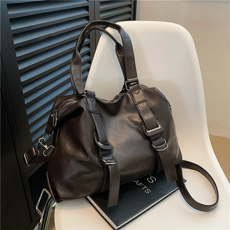 

Retro Female Korean Casual Pu Leather Tote Bag Luxury Designer Multifunction Single Bevel Cross-Bag Elegant Commuter Off-Road Ba